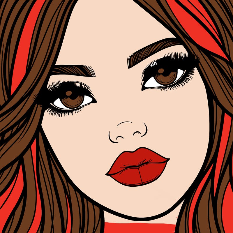 a realistic girl face long hair has lips and eyes