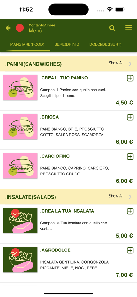 Contantoamore - Contantoamore mobile app interface showing a menu of artisanal sandwiches and fresh salads with prices