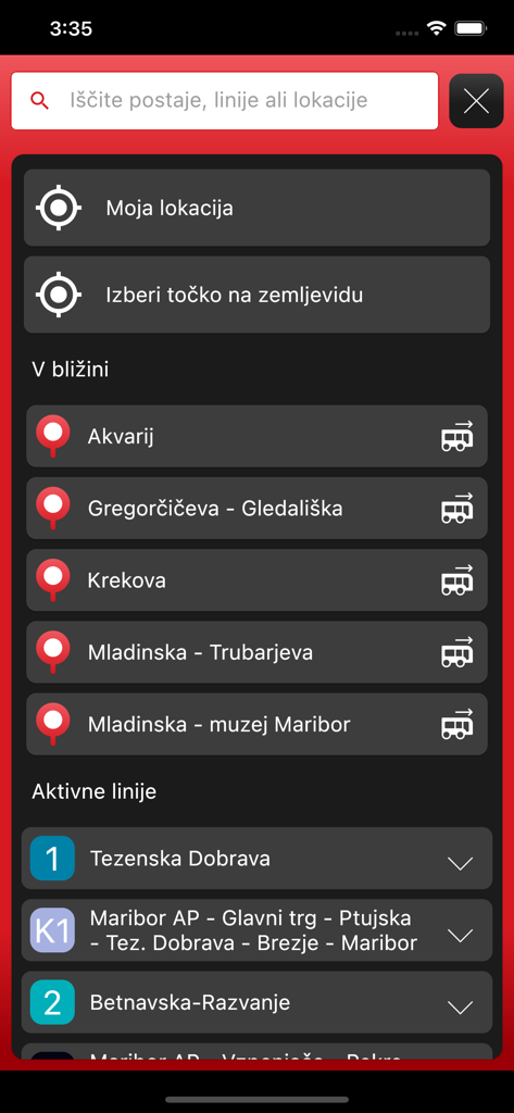 Search screen of the M mobilnost app showing nearby bus stops and active transit lines in Maribor