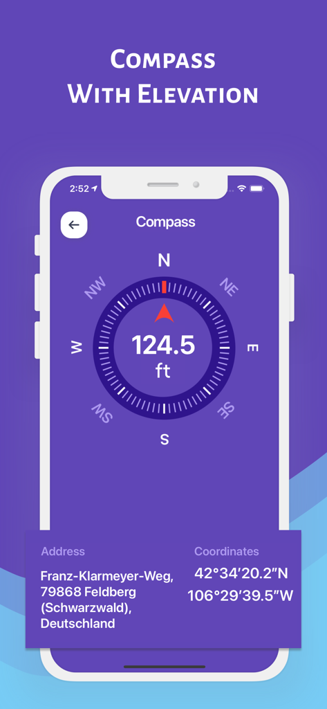 Altimeter Pro: Compass, GPS - Altimeter Pro app interface displaying a digital compass with current elevation and GPS coordinates