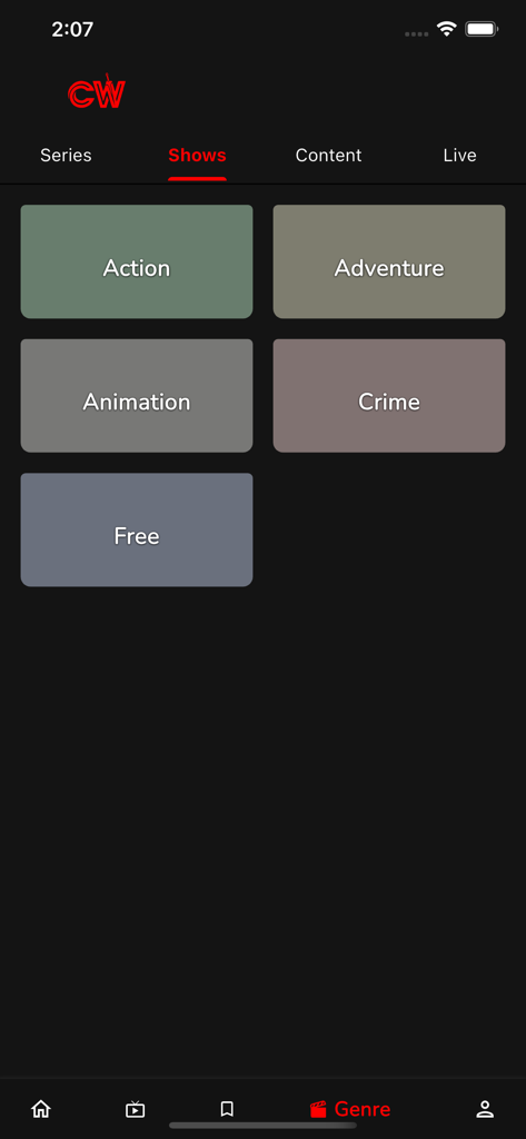 Celestial Witnesses - Pantalla de selección de género en la aplicación Celestial Witnesses con categorías como Acción, Aventura, Animación y Crimen