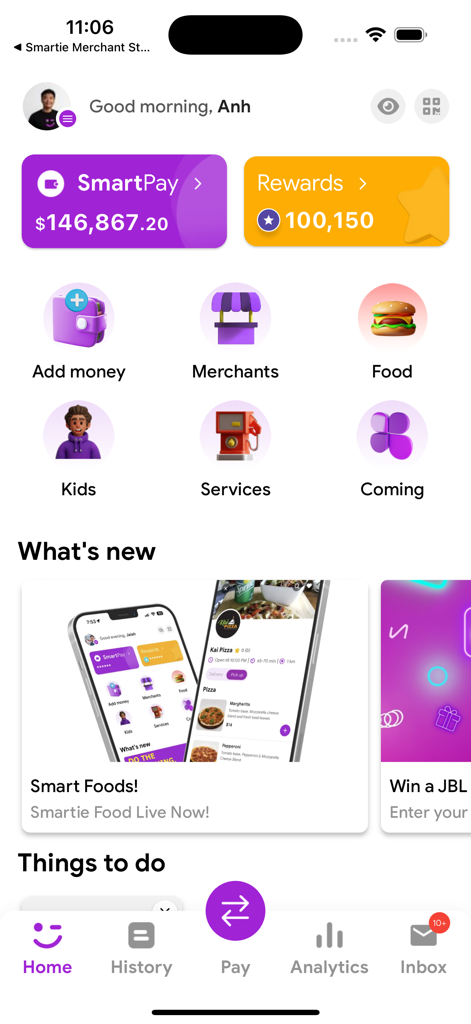 Smartie: The smart way to pay - Home screen of the Smartie super app showing account balance rewards and lifestyle service icons