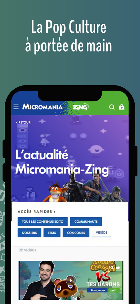 Micromania - Micromania-Zing app interface showing the Fanzone section with gaming news and pop culture content