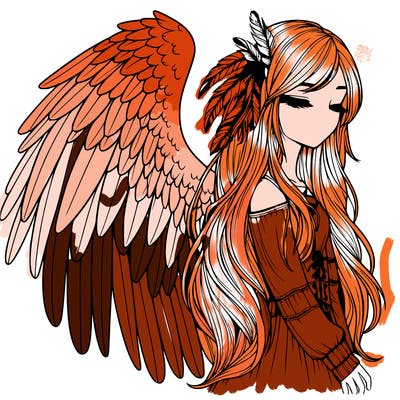 realistic girl with bird wings and some feathers in her hair