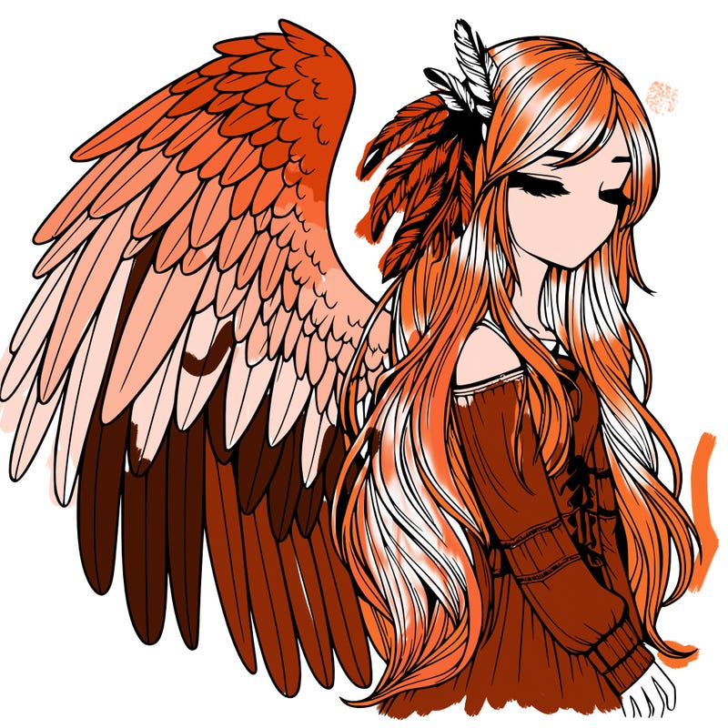 realistic girl with bird wings and some feathers in her hair