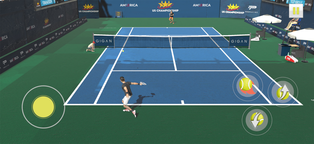 A 3D tennis match simulation in Cross Court Tennis 3 featuring realistic court physics and on-screen touch controls.