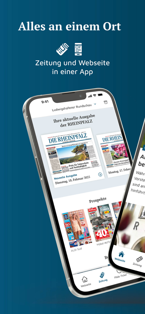 DIE RHEINPFALZ – Nachrichten - Pantalla de smartphone que muestra la aplicación DIE RHEINPFALZ con ediciones digitales de periódicos y funciones de noticias regionales.