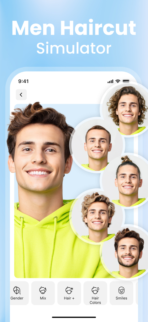 Una captura de pantalla de la aplicación Hair AI que muestra un simulador de corte de pelo para hombres con diferentes opciones de peinado y barba para un modelo masculino