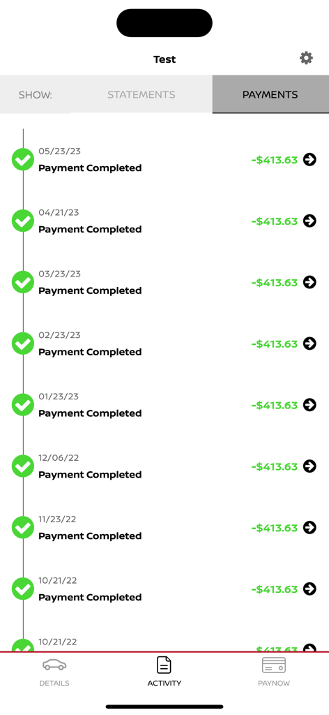 A list of completed car loan payments in the NMAC Account Manager mobile app showing dates and amounts.