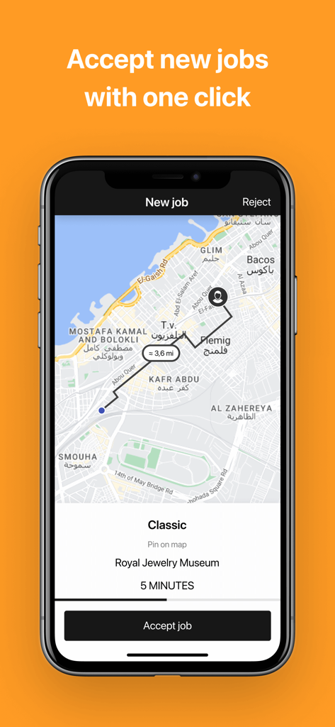 VoooM Driver app screen showing a map with a ride request in Alexandria and an Accept Job button.