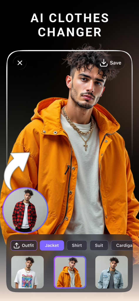 AI Hairstyle + - Interfaz de cambio de ropa IA que muestra a un hombre probando virtualmente una chaqueta naranja