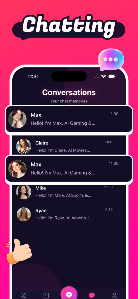 Interfaz de la aplicación Velvo mostrando una lista de conversaciones con diferentes personajes IA virtuales.