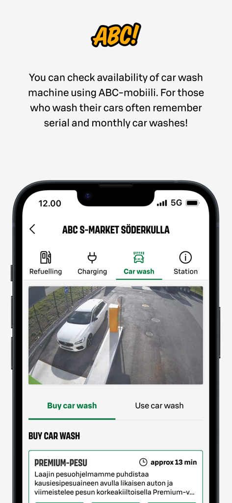 ABC-mobile App-Oberfläche mit Live-Kamera-Feed der Autowaschanlagen-Warteschlange und Kaufoptionen