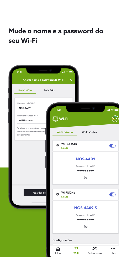 Screenshots of the NOS Net app showing how to change Wi-Fi name and password settings