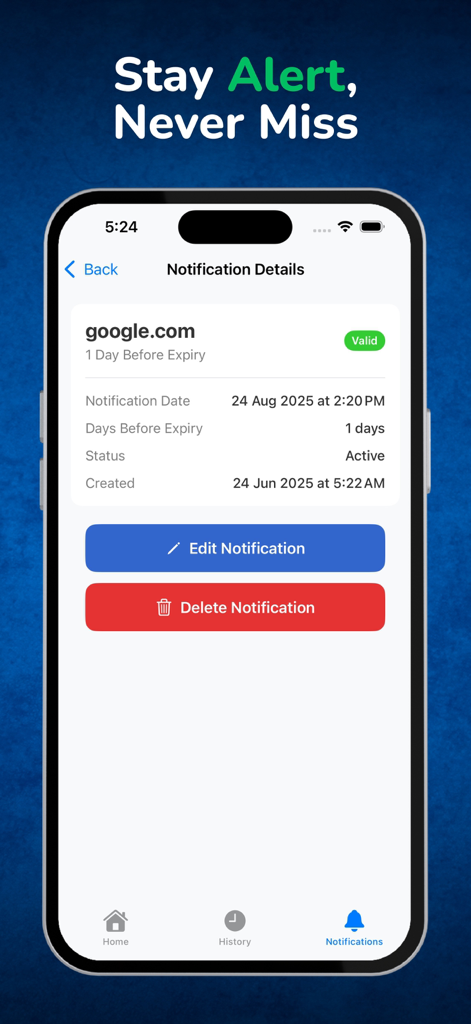 Tela do aplicativo móvel mostrando detalhes de notificação de expiração de certificado SSL e configurações de alerta para um site.