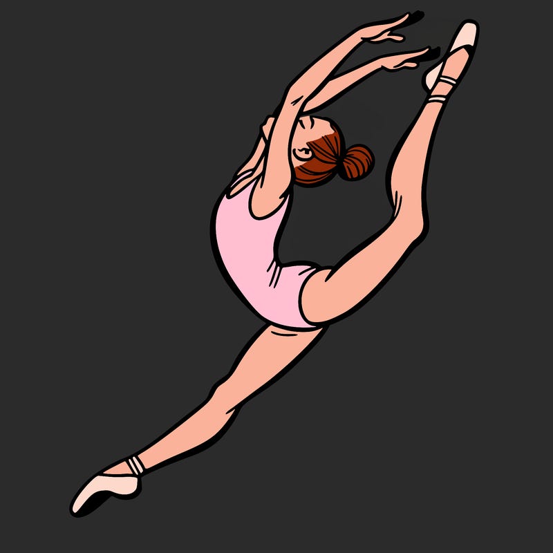 gymnast doing a leap in a leotard with a bent back leg