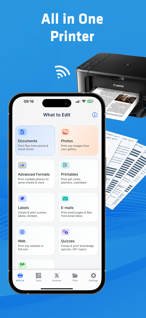 Smart Printer App-Oberfläche auf dem iPhone zeigt verschiedene Druckoptionen wie Dokumente, Fotos und E-Mails neben einem kabellosen Drucker