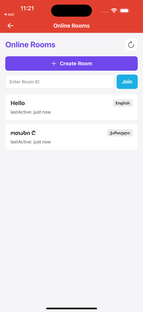 Truth or Dare Play Online - Écran des salons en ligne de l'application Vérité ou Conséquence avec les options de création et de rejoindre.