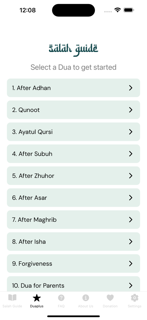 A list of Islamic supplications including daily prayers and Dua for Parents in the Salah Guide app