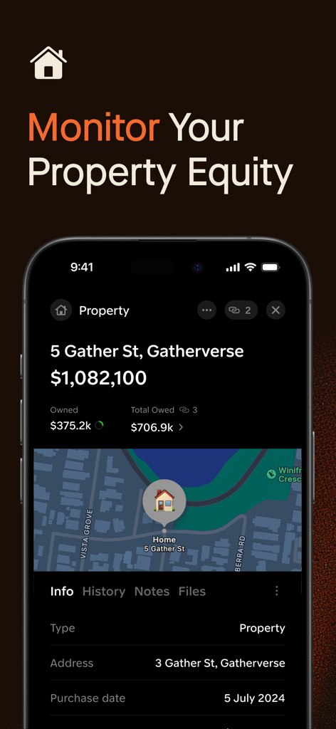 Gather - A interface do aplicativo Gather mostrando um monitor em tempo real do patrimônio imobiliário e da dívida total de um ativo imobiliário.