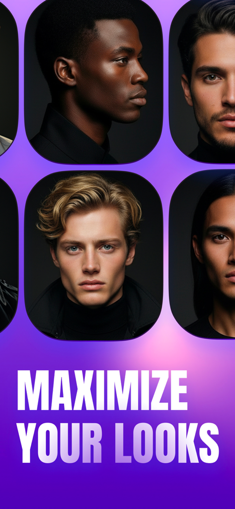 Galerie verschiedener Männergesichter mit dem Text Maximize Your Looks