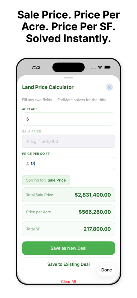 EstiMate CRE - Land Price Calculator screen in the EstiMate CRE mobile app showing total sale price and price per acre calculations for a 5 acre property.