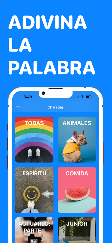 Charades Spanish app interface showing various game categories like animals and food