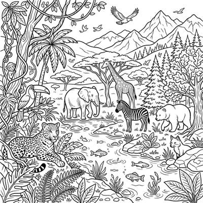 Embark on an incredible coloring journey through diverse ecosystems, where magnificent wild animals gather in a single breathtaking scene. This intricate template offers a unique opportunity to explore the beauty of nature and bring vibrant life to each creature with your artistic touch.