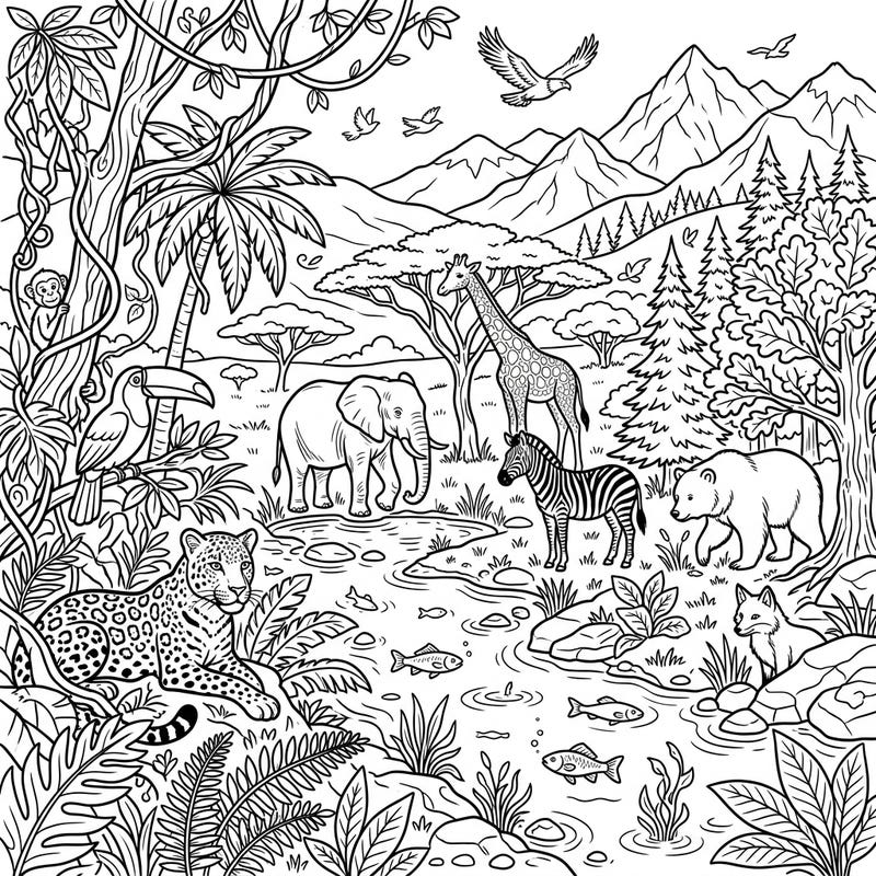 Embark on an incredible coloring journey through diverse ecosystems, where magnificent wild animals gather in a single breathtaking scene. This intricate template offers a unique opportunity to explore the beauty of nature and bring vibrant life to each creature with your artistic touch.