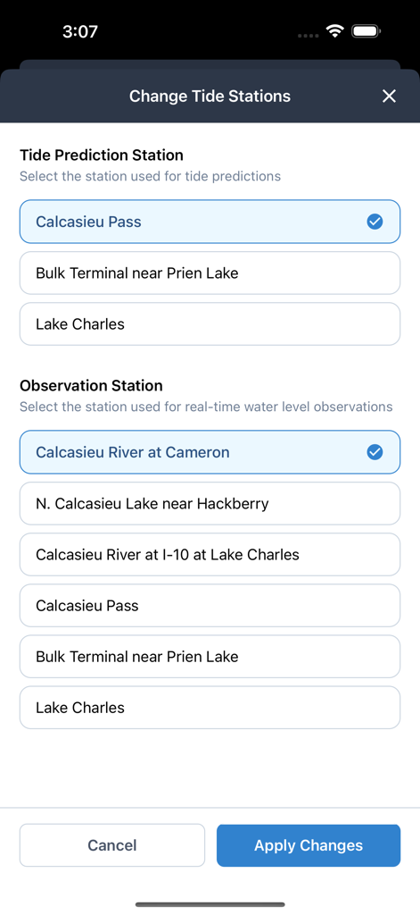 Salty Solutions - Interface for choosing tide prediction and observation stations in the Salty Solutions app