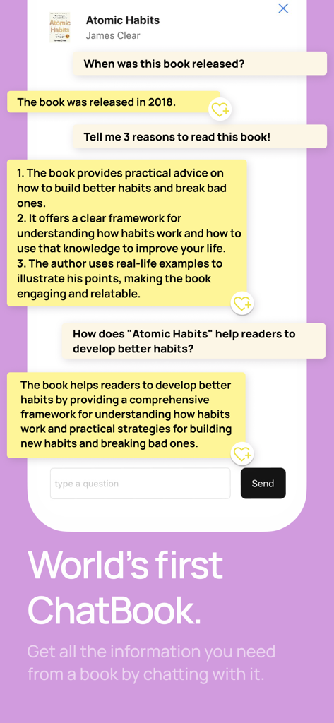 Basmo.Reading Tracker,Book Log - Basmo app AI ChatBook interface showing a conversation about the book Atomic Habits by James Clear