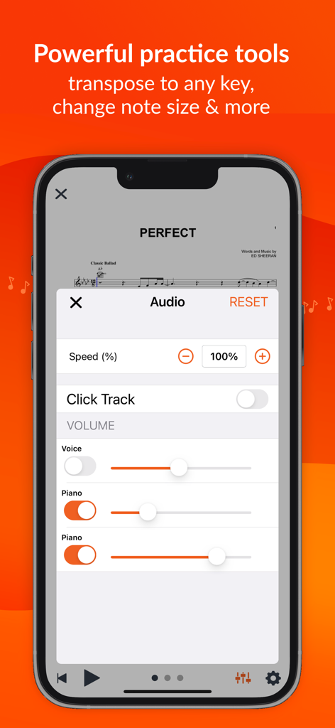 Sheet Music Direct - Sheet Music Direct app practice tools showing audio speed, click track, and volume controls for Ed Sheeran song Perfect