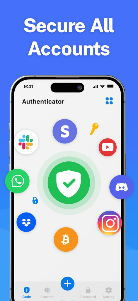 Un écran d'iPhone affichant l'interface de l'application Authentificatrice avec un bouclier de sécurité vert central entouré d'icônes de diverses plateformes comme Slack, YouTube et Instagram