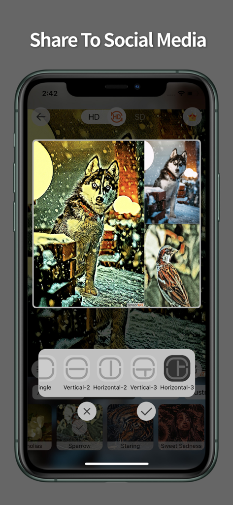 TensorArt - AI photo Editor - TensorArt App-Oberfläche, die Fotocollage-Layouts und künstlerische Filter zeigt, die auf Tierbilder angewendet wurden