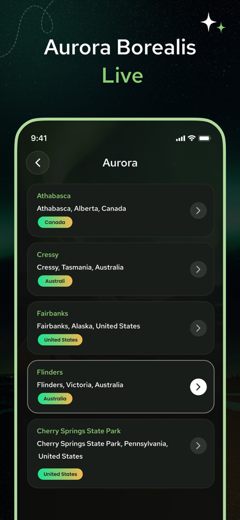 Aurora Forecast - Aurora Track - Aurora Borealis app interface showing a list of live northern lights viewing locations worldwide