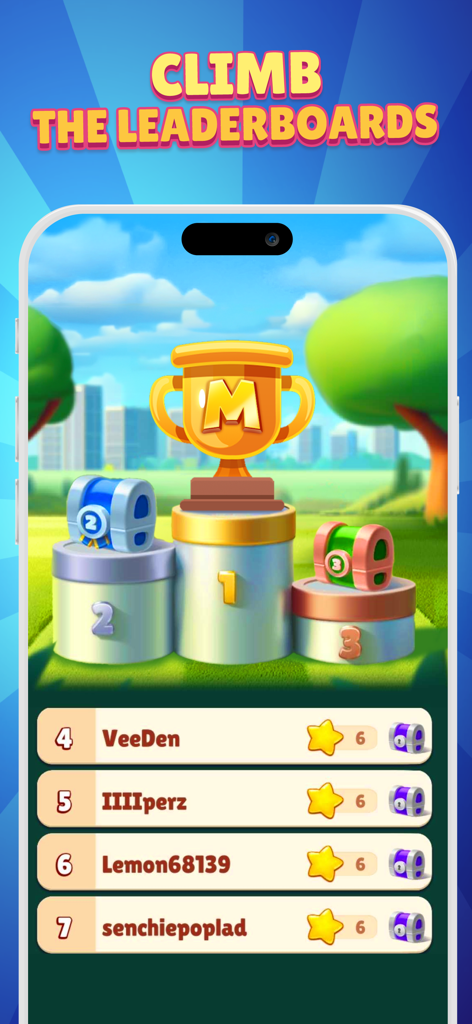 Mancala Adventures Spielliste mit einer goldenen Trophäe auf einem Podest und Spieler-Rankings.