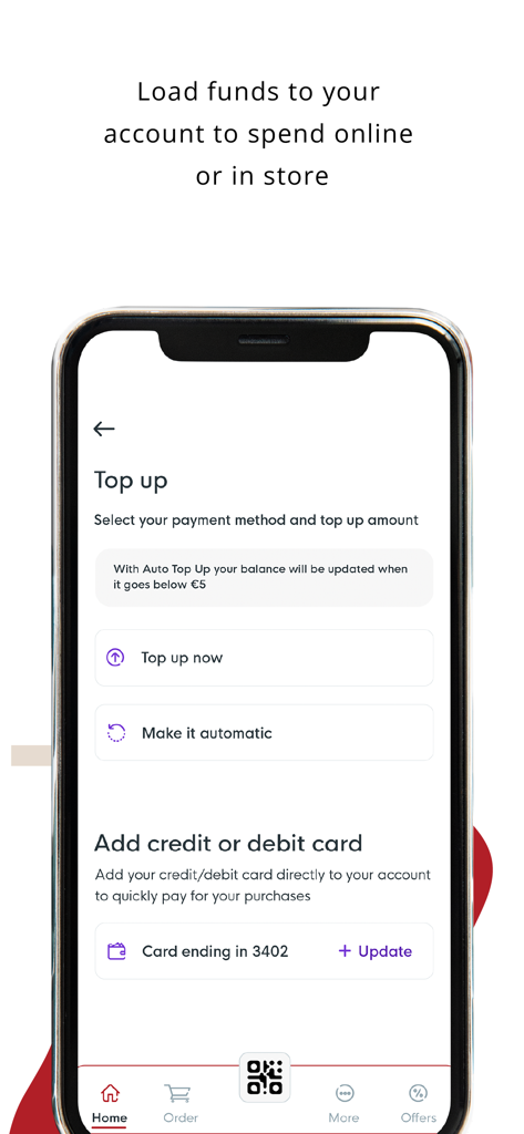 Gulp Coffee mobile app screen showing options to load funds and manage credit or debit cards for easy payments.