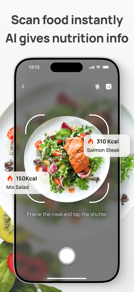 AI Calorie Counter & Meal Plan - Smartphone-Oberfläche, die zeigt, wie die KI einen Teller Lachs und Salat scannt, um sofortige Kalorien- und Nährwertinformationen zu liefern