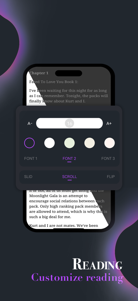 Bounovel - Tela do aplicativo Bounovel mostrando personalização de fonte e cor de fundo para uma experiência de leitura imersiva