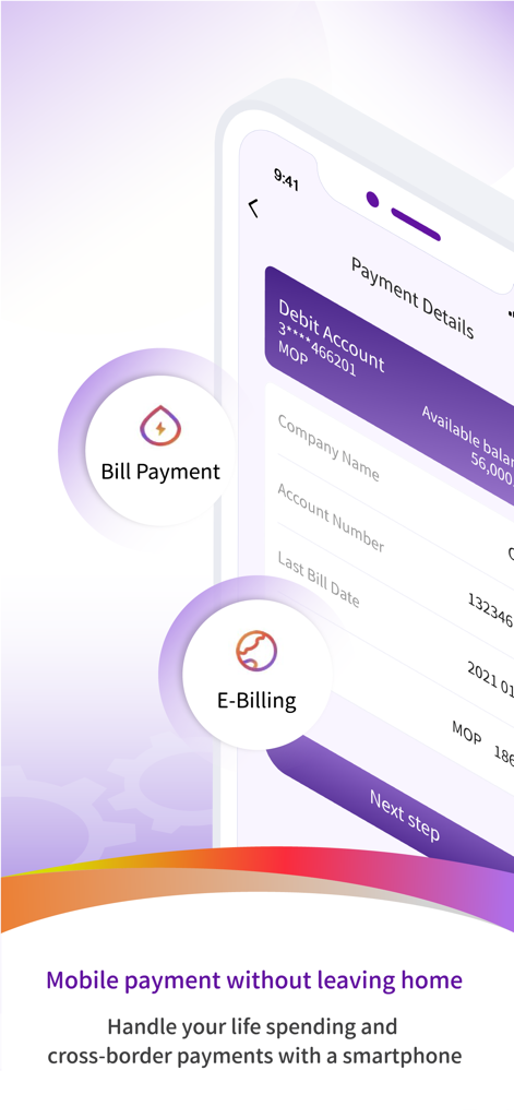 Interfaccia dell'app mobile Well Link Bank che mostra il pagamento delle bollette e le funzionalità di fatturazione elettronica