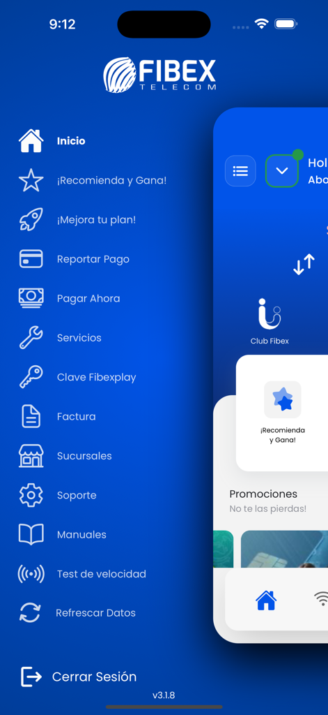 Menú de navegación lateral de la aplicación móvil Fibex Oficina Movil mostrando opciones para servicios de pago y soporte