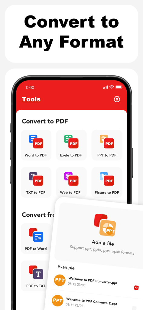 PDF Converter – Scan & Edit - Un'interfaccia di app mobile che visualizza varie opzioni per la conversione di documenti in formato PDF.