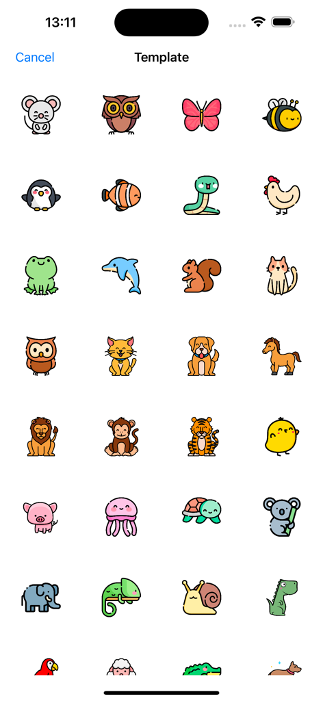 Brush Canvas color draw boards - Uma grade de modelos coloridos de animais de desenho animado para as crianças escolherem para desenhar e traçar.