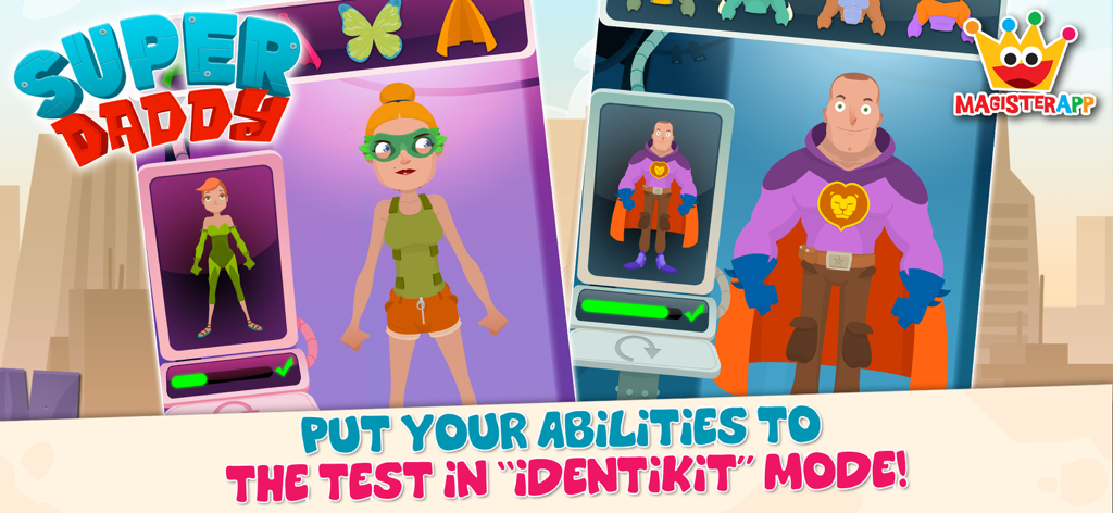 Super Daddy - Dress Up a Hero - Gameplay screen of the Identikit mode in Super Daddy dress up app where children match superhero outfits