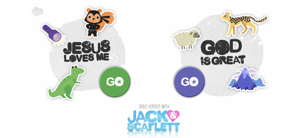 Écran du menu des versets bibliques avec Jack et Scarlett dans l'application Jésus m'aime