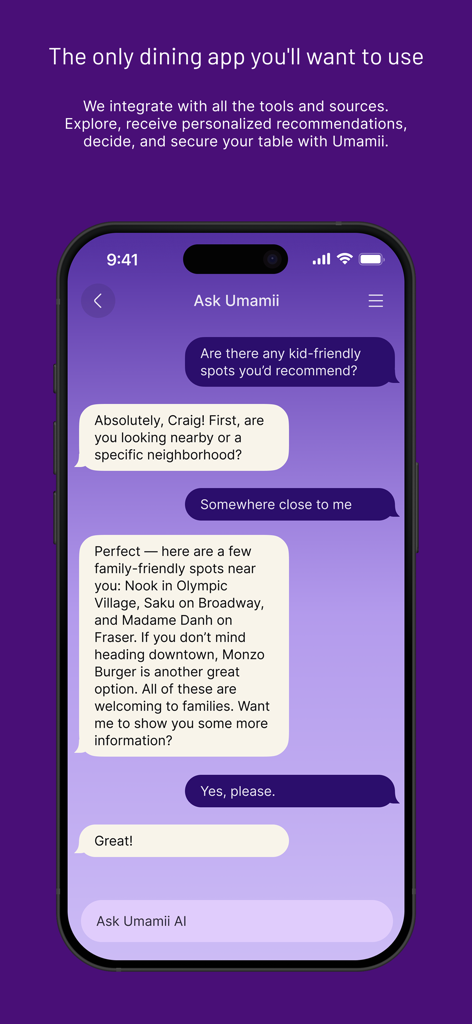 Umamii app AI chat interface showing personalized restaurant recommendations based on a user query