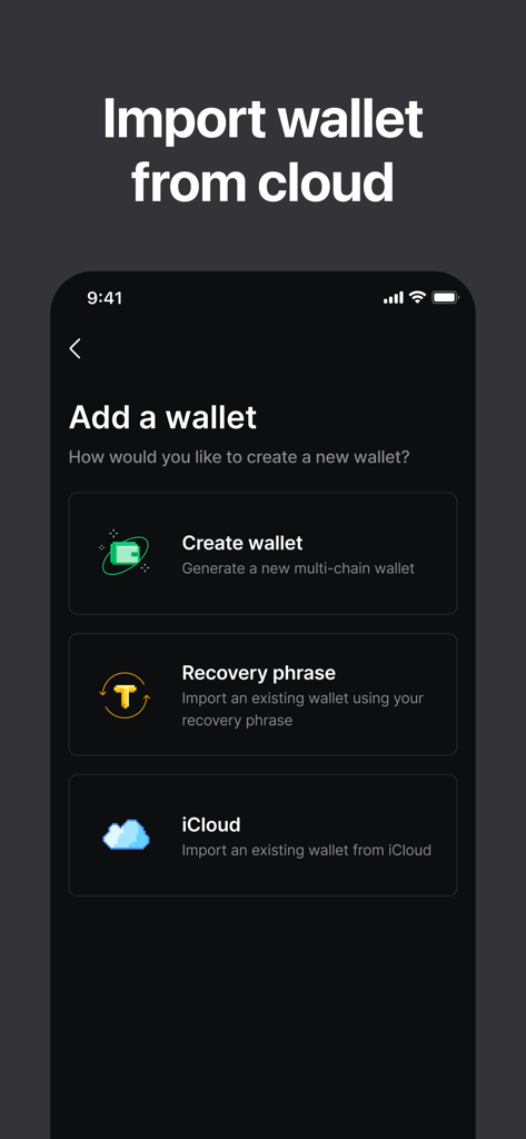 Credit Wallet: Crypto Wallet - Interfaz que muestra opciones para crear una nueva billetera criptográfica o importar una existente desde iCloud o frase de recuperación
