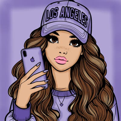 realistic beautiful girl wearing los ángeles cap holding an iphone
