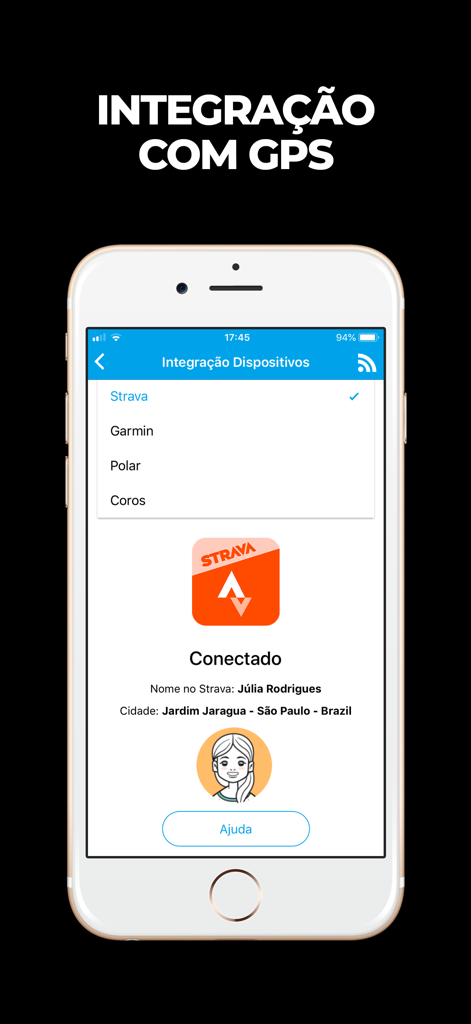 SisRUN Coach - Tela do aplicativo SisRUN Coach exibindo opções de integração de dispositivos GPS incluindo Strava, Garmin, Polar e Coros com uma conta Strava conectada.