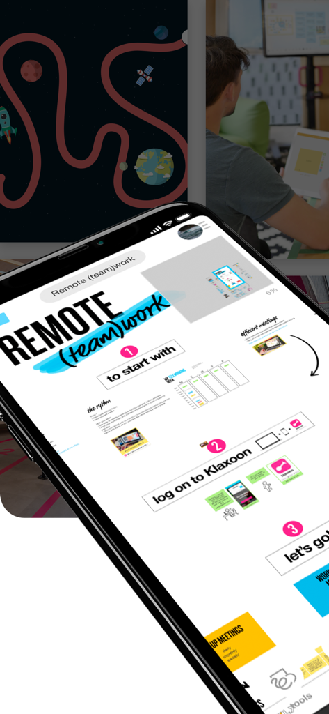 Klaxoon - Smartphone displaying a Klaxoon digital whiteboard for remote team collaboration